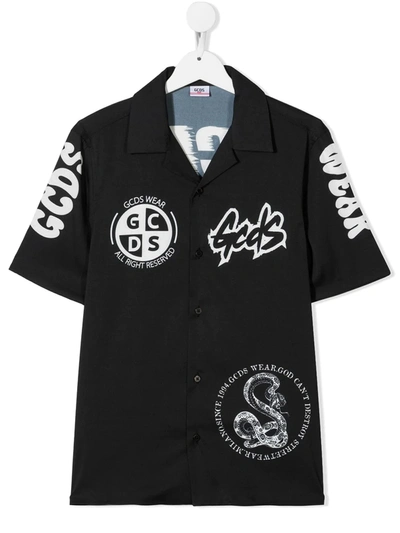 Gcds Kids' Logo-print Short-sleeved Shirt In Black