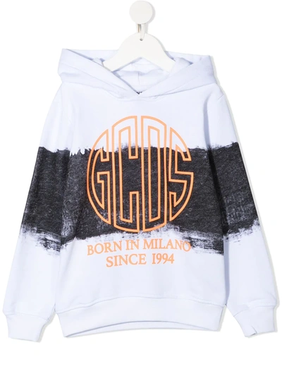 Gcds Teen Colour-block Cotton Hoodie In White