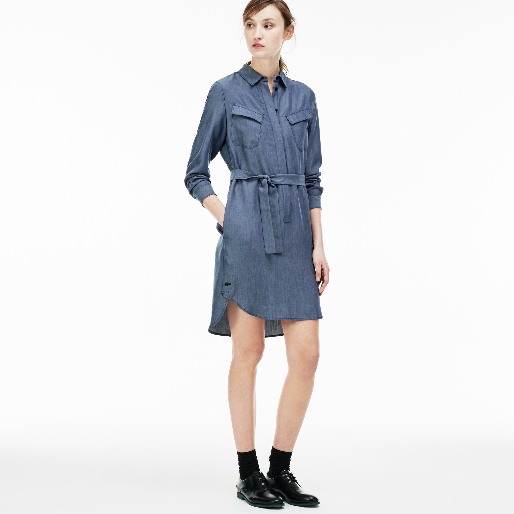 Lacoste Women's Denim Chest Pocket Twill Shirt Dress - Medium Blue ...