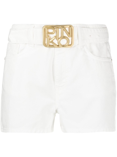 Pinko Logo-plaque Denim Shorts In White