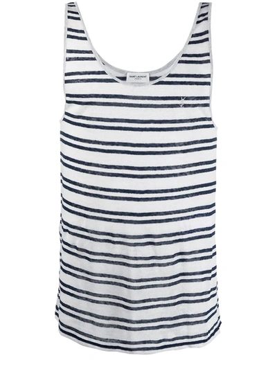 Saint Laurent Ysl-embroidered Striped Linen-jersey Tank Top In White