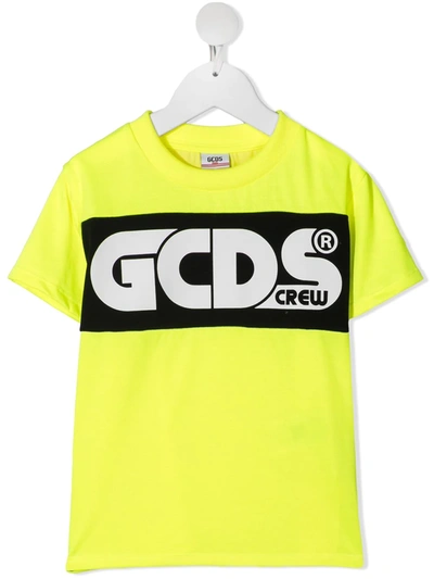 Gcds Teen Logo Stripe Crewneck T-shirt In Yellow