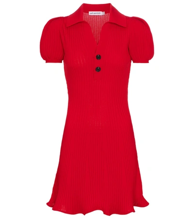 Self-portrait Puff-sleeve Rib-knit Polo Mini Dress In Red