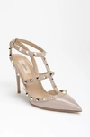 Valentino Garavani Rockstud Pointed Toe T-strap Pump In Poudre