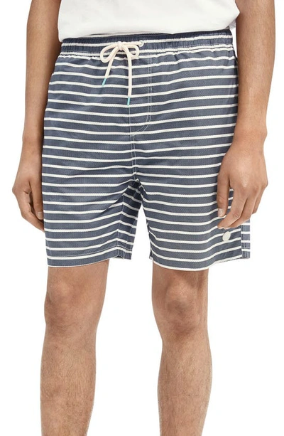 Scotch & Soda Mid-length Recycled Polyester Swim Short In Blue/ White