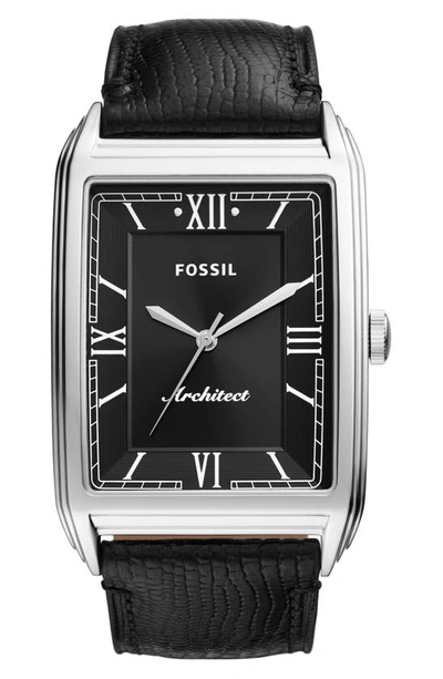 Fossil Arc-01 Rectangular Leather Strap Watch, 40mm In Black