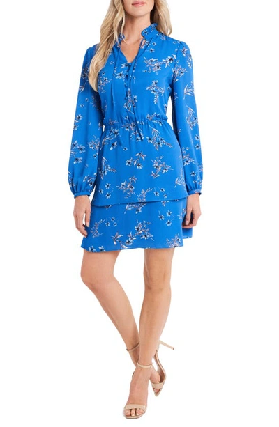 Cece Floral Print Long Sleeve Dress In Cosmic Blue