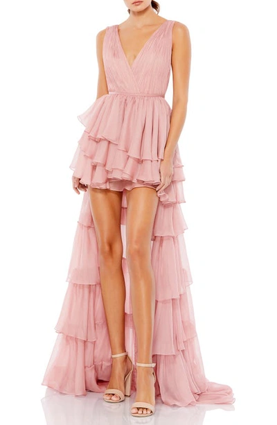 Ieena For Mac Duggal Plunge Neck Ruffled Hi-low Chiffon Gown In Pink