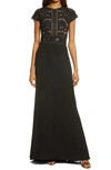 Tadashi Shoji Lace & Crepe A-line Gown In Black/ Nude