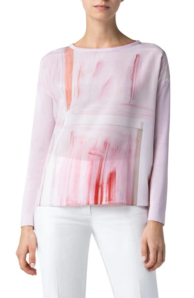 Akris Ohayo Print Silk Crepe De Chine Front Sweater In Pink Pattern