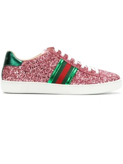 Gucci New Ace Striped Glitter Sneakers In Pink