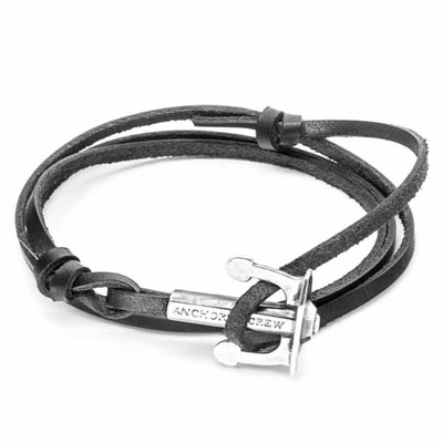 Anchor & Crew Coal Black Admiral Anchor Silver & Flat Leather Bracelet