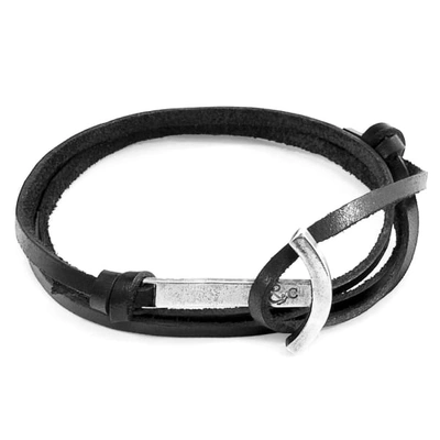 Anchor & Crew Coal Black Clipper Anchor Silver & Flat Leather Bracelet