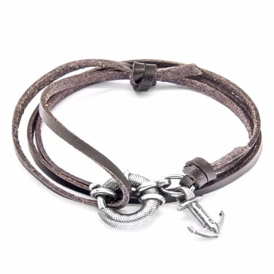 Anchor & Crew Dark Brown Clyde Anchor Silver & Flat Leather Bracelet