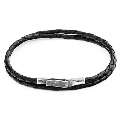 Anchor & Crew Coal Black Liverpool Silver And Braided Leather Bracelet In &