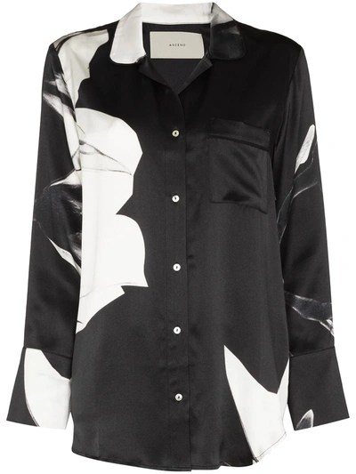 Asceno Paris Black Floral Print Silk Oversized Shirt In Printed