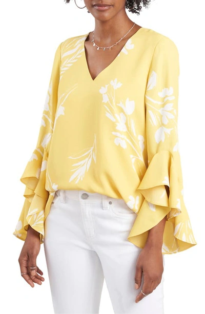 Vince Camuto Petite Flutter Sleeve Floral Whisps V- Neck Tunic In Yellow/ White Floral