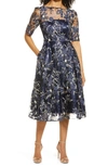 Eliza J Petites Womens Mesh Embroidered Cocktail And Party Dress In Navy