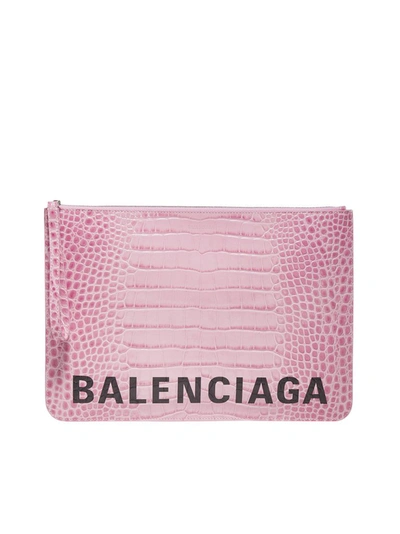 Balenciaga Croc Print Leather Clutch Bag In Pink