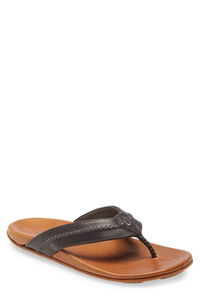 Olukai Mea Ola Flip Flop In Charcoal/ Fox Leather