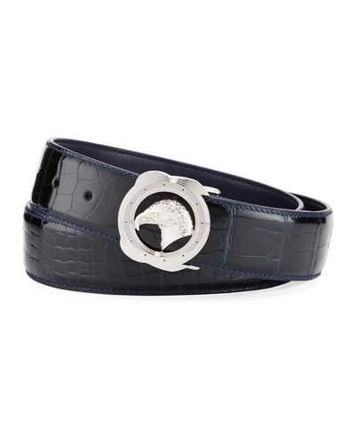 Stefano Ricci Crocodile Palladium Eagle-buckle Belt In Blue