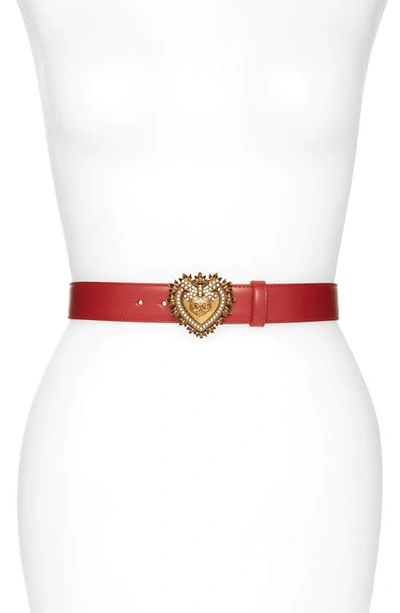 Dolce & Gabbana Devotion Logo Heart Buckle Leather Belt In Rosso