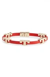 Tory Burch Serif-t Croc-embossed Leather Single Wrap Bracelet In Tory Gold / Brilliant Red
