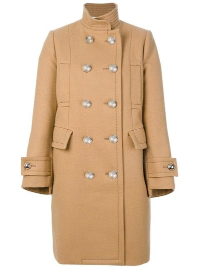 Sacai Double Breasted Pea Coat In Brown
