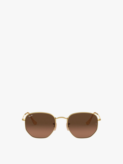 Ray Ban Hexagonal Flat Lenses Sunglasses Gold Frame Brown Lenses 51-21