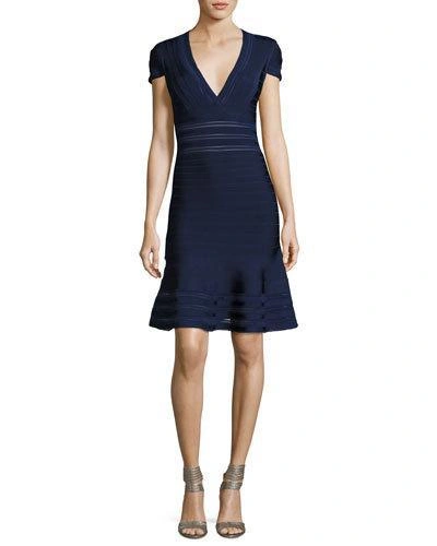 Herve Leger Picot-trim V-neck Bandage Dress In Classic Blue