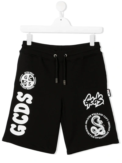 Gcds Kids' Logo Print Cotton Track Shorts In Black
