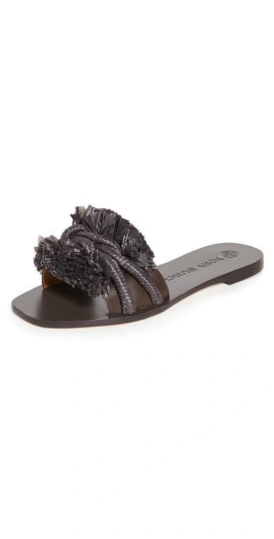 Tory Burch Rope Flat Slides In Fudge / Fudge