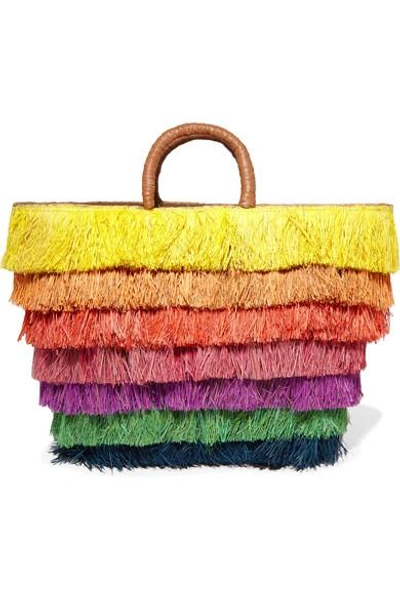 Kayu Pinata Leather-trimmed Fringed Straw Tote