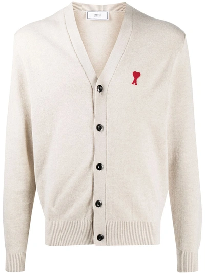 Ami Alexandre Mattiussi Ami De Caur-embroidered Merino-wool Cardigan In Neutrals