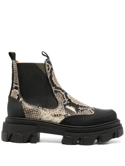 Ganni Snake-effect Leather Chelsea Boots In Beige,black