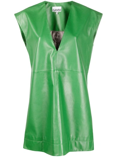 Ganni Lamb Leather Sleevesless Dress In Green