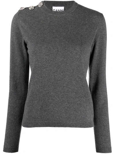 Ganni Grey Crystal Buttoned Cashmere Sweater In Paloma Melange