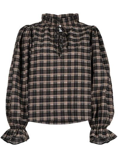 Ganni Seersucker Check Long-sleeve Blouse In Fossil
