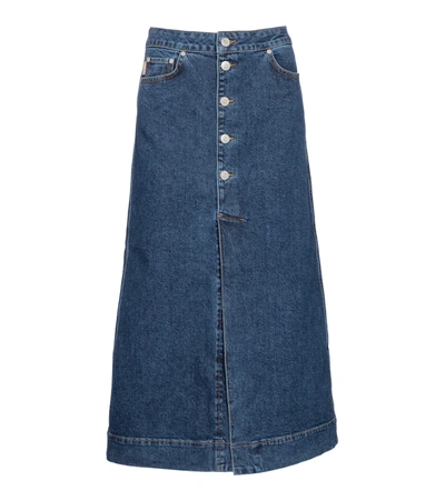 Ganni Slit-front Denim Midi Skirt In Blue