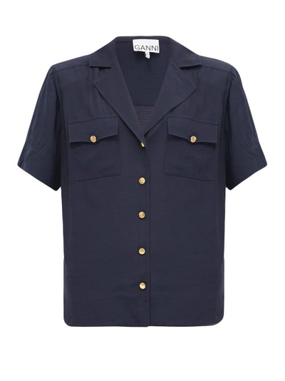 Ganni Short-sleeved Ripstop Shirt In Sky Captain