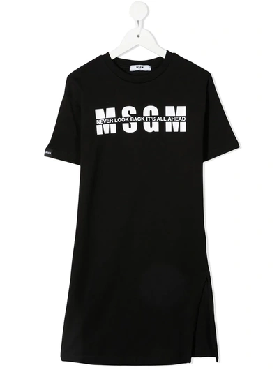 Msgm Kids' Logo-print Cotton T-shirt Dress In Black