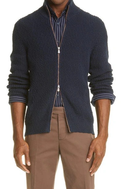 Brunello Cucinelli Men's Fine-gauge Wool/cashmere Zip Cardigan In Navy