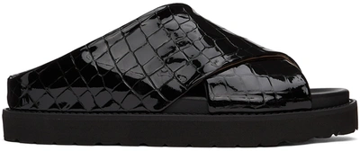 Ganni Black Croc Crossover Platform Sandals In Black Belly Croc