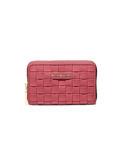 Michael Michael Kors Small Jet Set Woven Leather Card Case In Tea Rose/gold