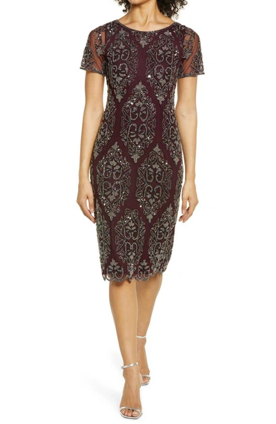 Pisarro Nights Beaded Cocktail Midi Dress In Wine