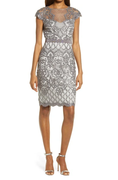 Tadashi Shoji Sequin Lace Cocktail Dress In Silver