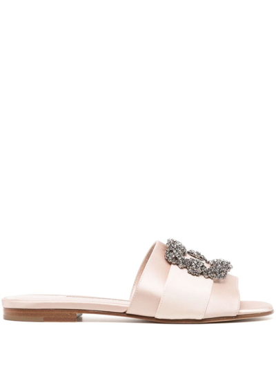 Manolo Blahnik Martamod Embellished Grosgrain-trimmed Satin Slides In Blush