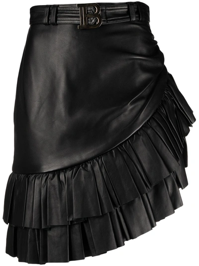 Balmain Short Asymmetric Ruffled Leather Skirt In Black