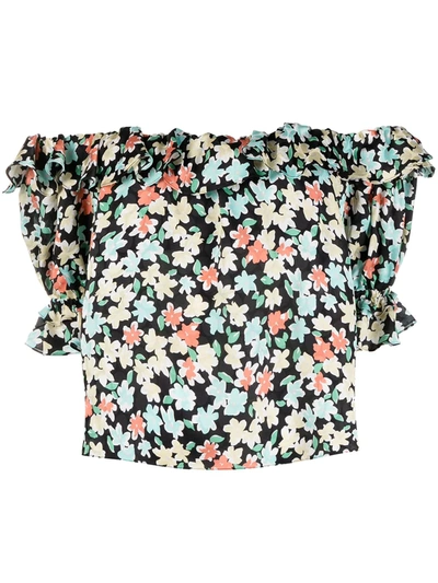 Saint Laurent Silk Off-shoulder Floral Print Blouse In Multicolor