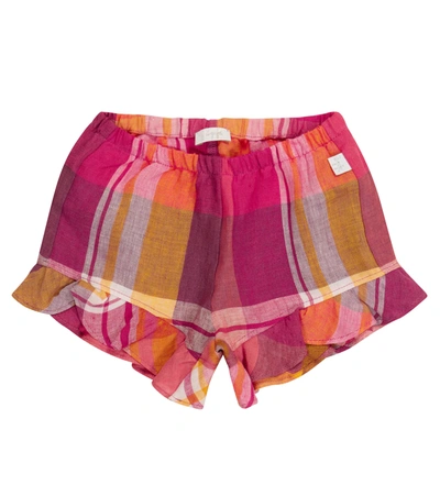 Il Gufo Babies' Pure Linen Checked Shorts With Ruffles In Blue